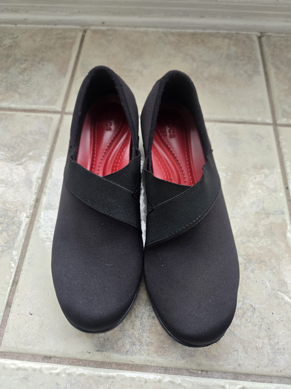 CROCS Black Slip-On Flats with Red Insole